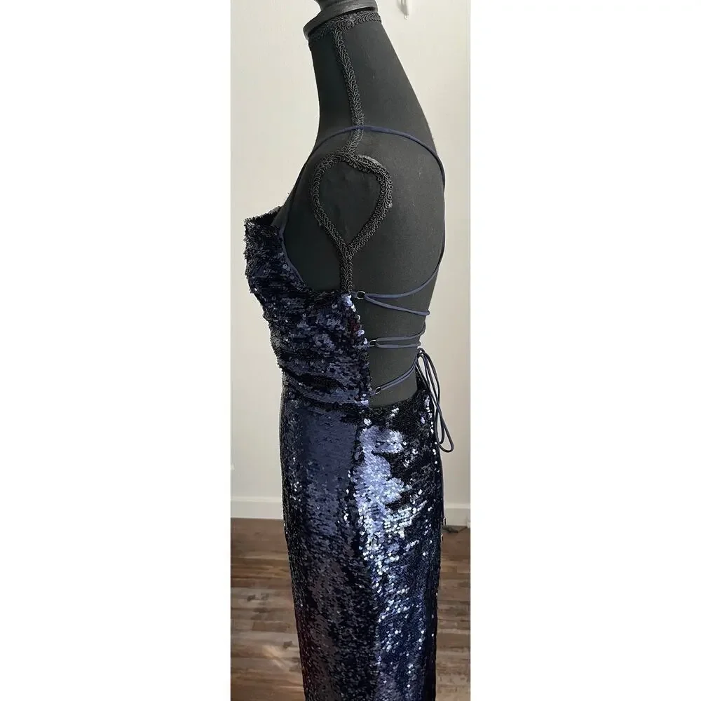 Sabina Musayev Navy Sapphire Open Lace Up Back Midi Lera Sequin Dress